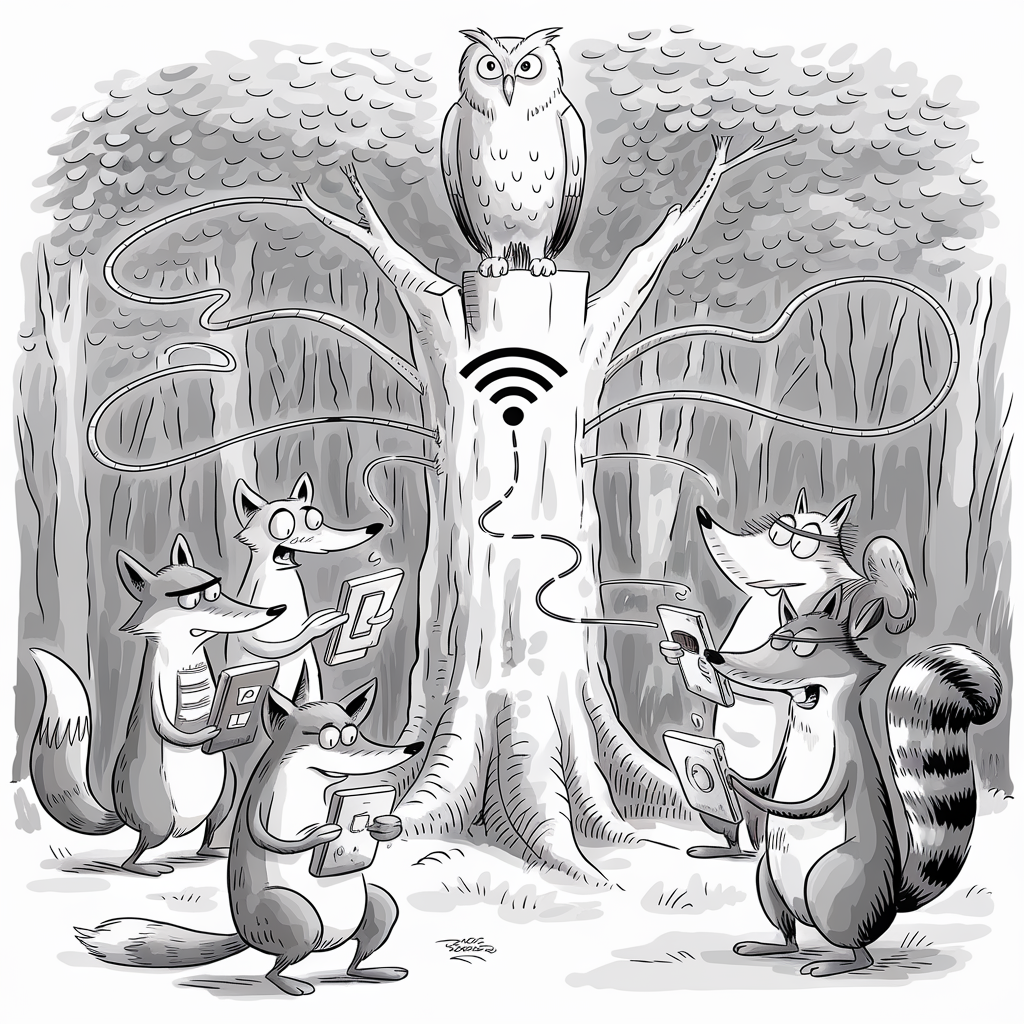 A black-and-white cartoon image shows an owl perched on a tree stump, with a Wi-Fi symbol emanating from the stump. Four other animals, including foxes and a raccoon, are gathered around the tree, all holding electronic devices like tablets and smartphones, seemingly using the Wi-Fi. The background depicts a forest.