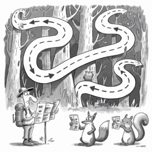 A black and white illustration depicts a hiker and two animals, a fox, and a squirrel, standing in a forest and each holding maps. Above them, a long, winding path with directional arrows stretches through the trees. The path loops and twists in a confusing manner, adding to the sense of bewilderment seen on the characters' faces as they look at their maps. An owl is perched on a tree branch in the background.