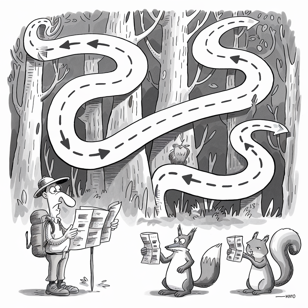 A black and white illustration depicts a hiker and two animals, a fox, and a squirrel, standing in a forest and each holding maps. Above them, a long, winding path with directional arrows stretches through the trees. The path loops and twists in a confusing manner, adding to the sense of bewilderment seen on the characters' faces as they look at their maps. An owl is perched on a tree branch in the background.