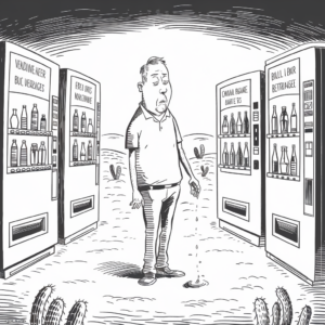 A black and white cartoon depicts a man standing in a desert between three vending machines, each containing bottles of beverages. The man appears to be sweating profusely, with droplets falling to the ground. His expression is one of discomfort or exhaustion. There are sparse desert plants, notably several cacti, in the background. The scene humorously juxtaposes the man’s need for refreshment with the presence of vending machines in a desert setting.