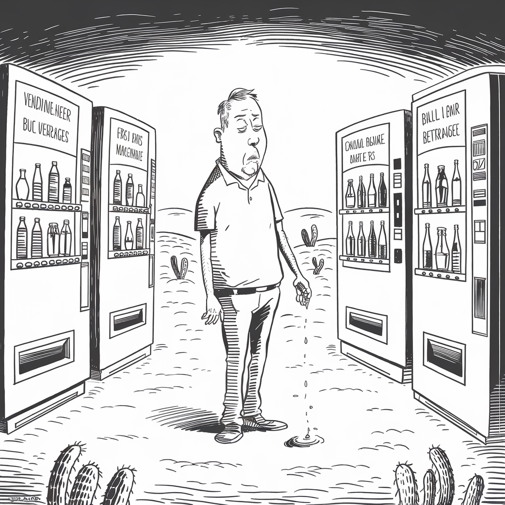 A black and white cartoon depicts a man standing in a desert between three vending machines, each containing bottles of beverages. The man appears to be sweating profusely, with droplets falling to the ground. His expression is one of discomfort or exhaustion. There are sparse desert plants, notably several cacti, in the background. The scene humorously juxtaposes the man’s need for refreshment with the presence of vending machines in a desert setting.