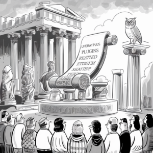 A black-and-white illustration depicting an ancient Greek-inspired scene. In the center, there is a large rolled scroll with partially obscured text on a pedestal. Surrounding the pedestal, there are statues and columns, creating the ambiance of a Grecian temple. An owl is perched on a column to the right, and various people are gathered in front of the scene, looking towards the scroll. The overall setting appears to blend classical architecture with a modern twist.