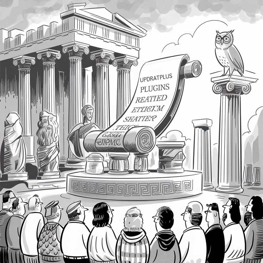 A black-and-white illustration depicting an ancient Greek-inspired scene. In the center, there is a large rolled scroll with partially obscured text on a pedestal. Surrounding the pedestal, there are statues and columns, creating the ambiance of a Grecian temple. An owl is perched on a column to the right, and various people are gathered in front of the scene, looking towards the scroll. The overall setting appears to blend classical architecture with a modern twist.