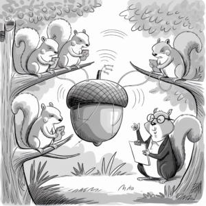A black-and-white cartoon shows a group of five squirrels engaged in a tech meeting in a forest. Four squirrels are sitting on branches looking at their smartphones, connected by wires to a large acorn equipped with antennas and emitting signal waves. One squirrel, at the bottom right, is wearing glasses and holding a clipboard, appearing to direct the meeting. The scene is set among trees with leaves and some ground foliage visible.