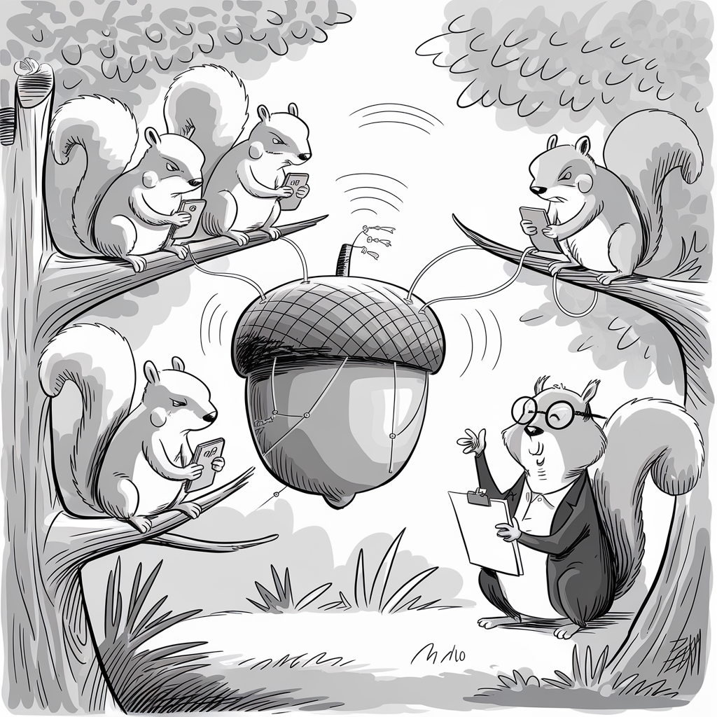 A black-and-white cartoon shows a group of five squirrels engaged in a tech meeting in a forest. Four squirrels are sitting on branches looking at their smartphones, connected by wires to a large acorn equipped with antennas and emitting signal waves. One squirrel, at the bottom right, is wearing glasses and holding a clipboard, appearing to direct the meeting. The scene is set among trees with leaves and some ground foliage visible.