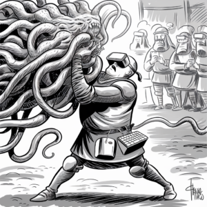 A black-and-white illustration depicting a knight battling a multi-tentacled monster. The knight is wearing a virtual reality headset and armor, with a computer mouse and keyboard attached to his belt. In the background, several other knights are observing the confrontation while holding tablets. The scene juxtaposes medieval and modern elements, creating an anachronistic, surreal atmosphere.