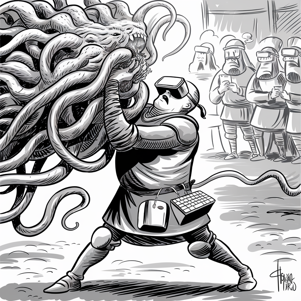A black-and-white illustration depicting a knight battling a multi-tentacled monster. The knight is wearing a virtual reality headset and armor, with a computer mouse and keyboard attached to his belt. In the background, several other knights are observing the confrontation while holding tablets. The scene juxtaposes medieval and modern elements, creating an anachronistic, surreal atmosphere.