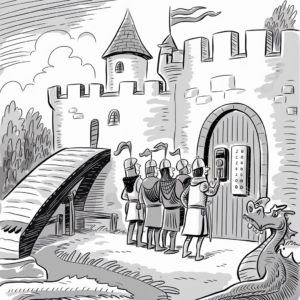 A group of knights in armor stand before the door of a castle. One knight is using a keypad to enter a code next to the castle's entrance. The castle has a drawbridge, and a serpentine dragon is in the foreground, looking towards the knights. The sky is filled with clouds, and some trees are visible around the castle. The scene is depicted in a black and white, comic style.