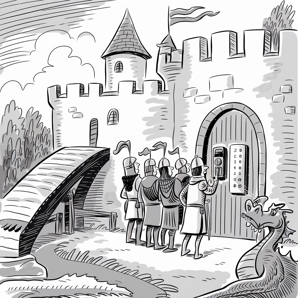 A group of knights in armor stand before the door of a castle. One knight is using a keypad to enter a code next to the castle's entrance. The castle has a drawbridge, and a serpentine dragon is in the foreground, looking towards the knights. The sky is filled with clouds, and some trees are visible around the castle. The scene is depicted in a black and white, comic style.