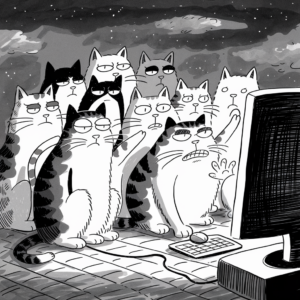 A group of cats with serious expressions is gathered closely together, all staring at a computer screen. The scene is set at night with a cloudy sky in the background. One cat in the front gestures towards the screen, appearing to be explaining something, while a keyboard and mouse are visible in front of the monitor. The image is rendered in a black-and-white cartoon style.