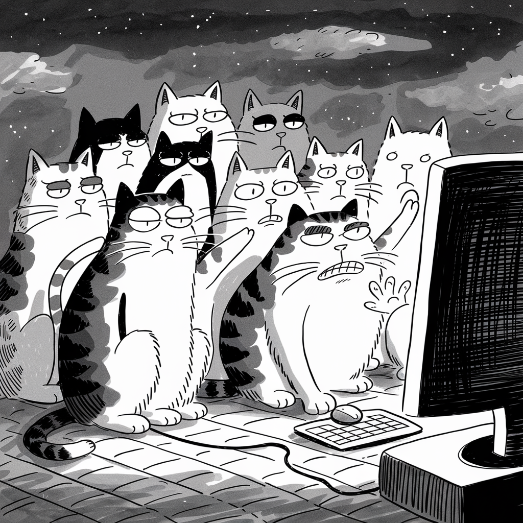 A group of cats with serious expressions is gathered closely together, all staring at a computer screen. The scene is set at night with a cloudy sky in the background. One cat in the front gestures towards the screen, appearing to be explaining something, while a keyboard and mouse are visible in front of the monitor. The image is rendered in a black-and-white cartoon style.