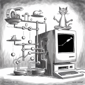 A black-and-white illustration features a humorous and surreal scene. On the right side, an old-fashioned computer displays a graph on its screen, with a cat in a meditative pose perched on top, holding a small device. The left side highlights a complex contraption of pipes and platforms, incorporating mice, balls, and wheels in an intricate, Rube Goldberg machine-style assembly. One mouse is running on a wheel, while another mouse looks down from a platform. The entire setup has a whimsical and imaginative feel, blending elements of technology and playful animal behavior.