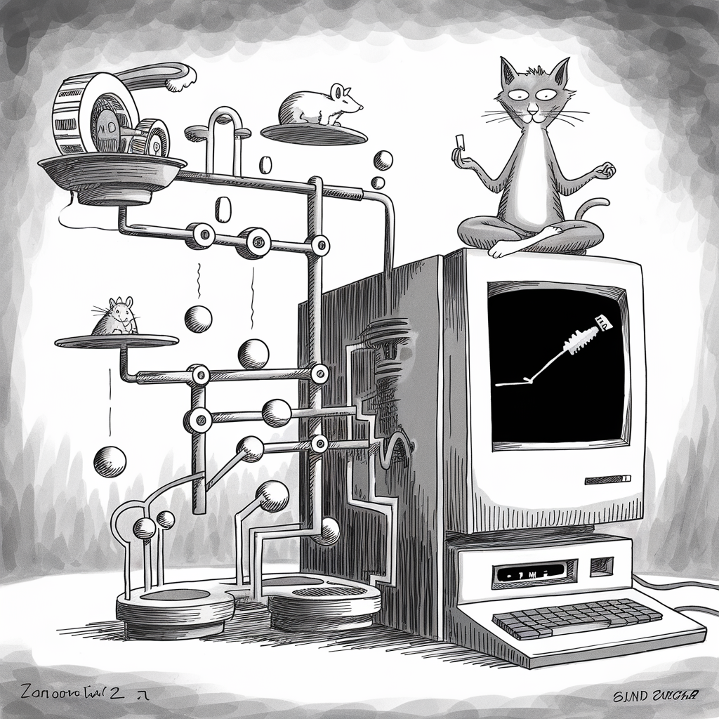 A black-and-white illustration features a humorous and surreal scene. On the right side, an old-fashioned computer displays a graph on its screen, with a cat in a meditative pose perched on top, holding a small device. The left side highlights a complex contraption of pipes and platforms, incorporating mice, balls, and wheels in an intricate, Rube Goldberg machine-style assembly. One mouse is running on a wheel, while another mouse looks down from a platform. The entire setup has a whimsical and imaginative feel, blending elements of technology and playful animal behavior.