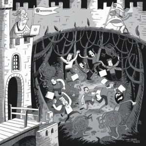 A black and white illustration depicting a chaotic scene inside a castle. Multiple people are running or being caught by monstrous tangles of cables that have menacing eyes and mouths. Some of the people are holding laptops or paper with writing, and there are several skeletons on the ground. On the left side of the image, an older man with glasses and a beard is sitting on top of the castle, working on a laptop with a flag that reads "WMonsters" beside him. Another person near the top right is proudly waving a flag with a "W" logo on it. The overall scene conveys confusion and horror with the overwhelming cable monsters attacking the panicked people.