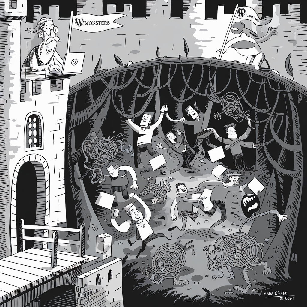 A black and white illustration depicting a chaotic scene inside a castle. Multiple people are running or being caught by monstrous tangles of cables that have menacing eyes and mouths. Some of the people are holding laptops or paper with writing, and there are several skeletons on the ground. On the left side of the image, an older man with glasses and a beard is sitting on top of the castle, working on a laptop with a flag that reads "WMonsters" beside him. Another person near the top right is proudly waving a flag with a "W" logo on it. The overall scene conveys confusion and horror with the overwhelming cable monsters attacking the panicked people.