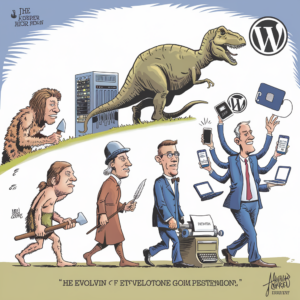 A parody illustration of the evolution of humans and technology. The image starts with a caveman holding a stone tool, followed by a slightly more evolved man holding a hand axe, then an early modern man holding a quill, evolving into a 20th-century man using a typewriter, and finally a modern man with multiple arms juggling various electronic devices such as smartphones, tablets, and laptops. Above the evolutionary line, there is a giant dinosaur for contrast, and near the end is a large WordPress logo, emphasizing the evolution in technology and communication tools. The caption below reads: “HE EVOLVIN F F ETVELOPETONE GOIM PESTEMION.” The artist's signature, "Armand GRAPHI," is in the bottom right corner.