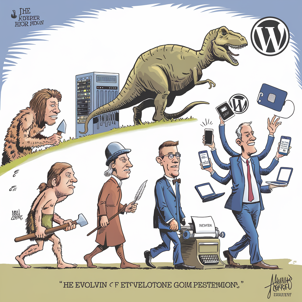 A parody illustration of the evolution of humans and technology. The image starts with a caveman holding a stone tool, followed by a slightly more evolved man holding a hand axe, then an early modern man holding a quill, evolving into a 20th-century man using a typewriter, and finally a modern man with multiple arms juggling various electronic devices such as smartphones, tablets, and laptops. Above the evolutionary line, there is a giant dinosaur for contrast, and near the end is a large WordPress logo, emphasizing the evolution in technology and communication tools. The caption below reads: “HE EVOLVIN F F ETVELOPETONE GOIM PESTEMION.” The artist's signature, "Armand GRAPHI," is in the bottom right corner.