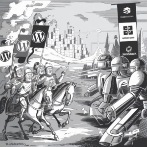 A grayscale illustration depicts a medieval battle scene where knights clad in armor ride horses and carry flags with the WordPress logo. They charge toward a group of futuristic robots representing modern web development technologies, including "Headless CMS," "NG9ER CMS," and "JamStack." A castle stands in the background amidst a landscape of trees and hills.