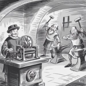 A black and white illustration depicts an old workshop scene. On the left, a man wearing a hat and historical clothing operates a large hand-cranked machine with a wheel and rollers. On the right, two bearded men in period attire are working with anvils and hammers, appearing engaged in blacksmithing or similar manual labor. The workshop has an arched ceiling and a rustic, medieval atmosphere.