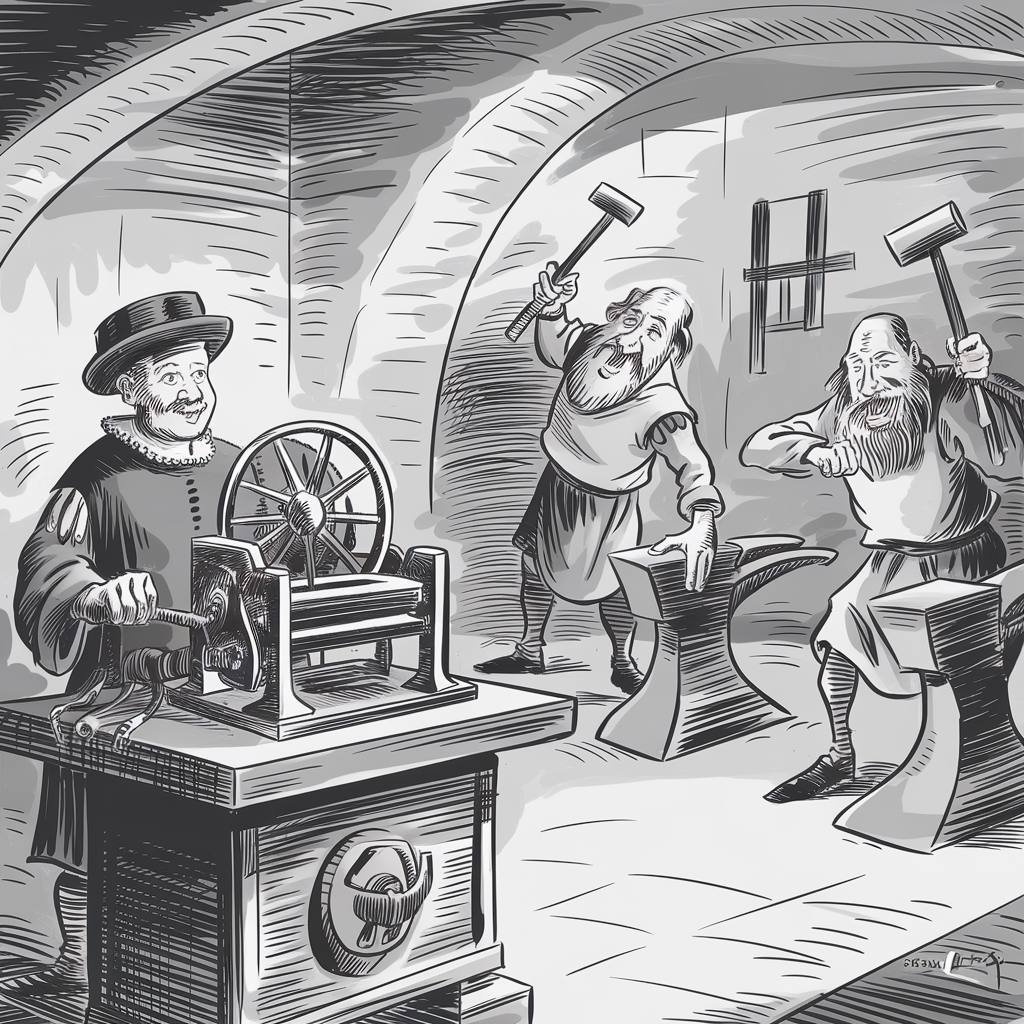 A black and white illustration depicts an old workshop scene. On the left, a man wearing a hat and historical clothing operates a large hand-cranked machine with a wheel and rollers. On the right, two bearded men in period attire are working with anvils and hammers, appearing engaged in blacksmithing or similar manual labor. The workshop has an arched ceiling and a rustic, medieval atmosphere.