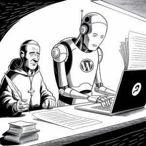 A black-and-white illustration depicting a juxtaposition of old and new writing methods. On the left, a monk in traditional attire holds a quill pen, with several books stacked in front of him. To the right, a robot with a "WordPress" logo on its chest types on a laptop. The image signifies the evolution from manual writing to modern digital publishing.