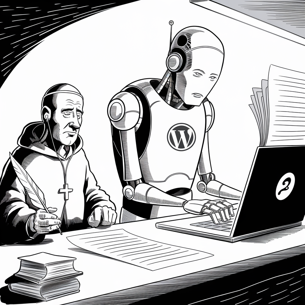 A black-and-white illustration depicting a juxtaposition of old and new writing methods. On the left, a monk in traditional attire holds a quill pen, with several books stacked in front of him. To the right, a robot with a "WordPress" logo on its chest types on a laptop. The image signifies the evolution from manual writing to modern digital publishing.