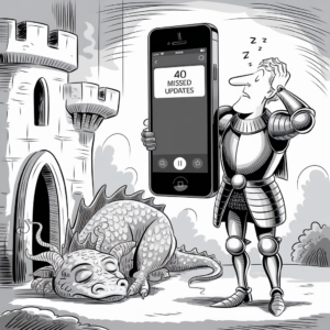 A comical black and white illustration depicts a knight in armor holding a giant smartphone. The screen of the smartphone displays "40 MISSED UPDATES." The knight has a puzzled expression, scratching his head. Beside him, a dragon is sleeping peacefully on the ground. Behind them is a stone castle with a round entrance and turret. The scene humorously contrasts medieval and modern elements.