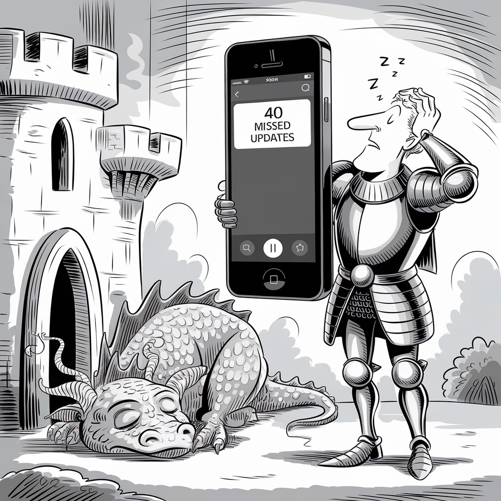 A comical black and white illustration depicts a knight in armor holding a giant smartphone. The screen of the smartphone displays "40 MISSED UPDATES." The knight has a puzzled expression, scratching his head. Beside him, a dragon is sleeping peacefully on the ground. Behind them is a stone castle with a round entrance and turret. The scene humorously contrasts medieval and modern elements.