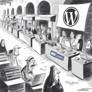 A black-and-white cartoon illustration depicts a bustling marketplace, with vendors behind stalls showcasing laptops. The stalls are lined up against a brick wall with arched doorways. The booth on the right has a prominent “WordPress” logo banner, and the booth next to it displays a “WooCommerce” sign. Various people, some wearing hats and others in traditional attire, are either inspecting the laptops or passing by. The ambiance reflects a mix of traditional and modern elements, suggesting a convergence of old-fashioned market scenes with contemporary technology.