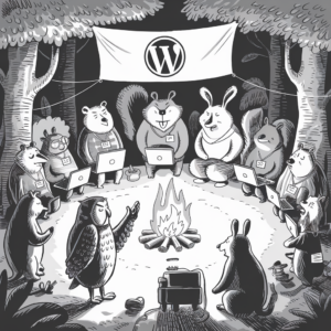 Illustration of anthropomorphic animals sitting around a campfire at night in the forest. The animals, including a skunk, raccoon, rabbit, squirrel, and others, are holding laptops and wearing name tags. Above them, a banner with the WordPress logo is displayed. An owl stands near the fire, appearing to be speaking or leading the group. The scene is drawn in grayscale, giving it a whimsical and cozy atmosphere.