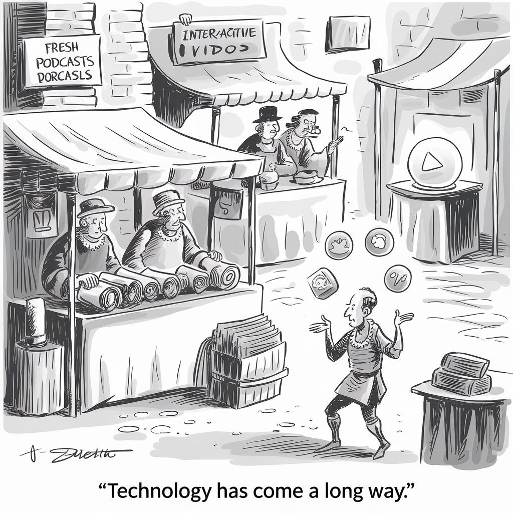 A black-and-white comic depicts a marketplace with various stalls labeled "Fresh Podcasts" and "Interactive Videos." A medieval merchant is shown juggling items such as cups and books in the foreground. Other merchants are presenting rolled scrolls. Behind him there are stands with animated play buttons and food plates. The caption reads, "Technology has come a long way."