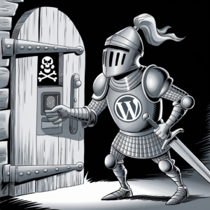 A knight in full armor, including a helmet and sword, stands in front of a wooden door with a skull and crossbones symbol. The knight's armor has a large "W" on the chest. The knight is using a fingerprint scanner mounted on the door. The background is mostly black, and the illustration is done in grayscale.