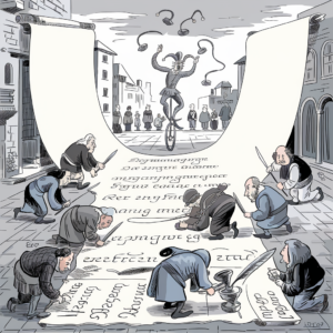 An illustration shows a medieval town scene with several people on their hands and knees writing on an enormous scroll of parchment laid out on the cobblestones. They are using quill pens and ink. In the background, a jester balances on a unicycle, juggling quills. Townspeople watch the spectacle from a distance. The overall atmosphere is whimsical yet chaotic.