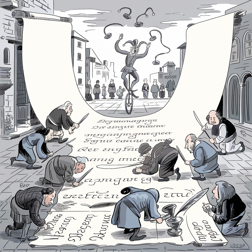 An illustration shows a medieval town scene with several people on their hands and knees writing on an enormous scroll of parchment laid out on the cobblestones. They are using quill pens and ink. In the background, a jester balances on a unicycle, juggling quills. Townspeople watch the spectacle from a distance. The overall atmosphere is whimsical yet chaotic.