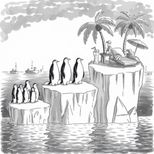 A group of penguins stands on separate chunks of ice in the ocean, with one chunk elevated significantly higher than the others. On the highest chunk, there is a beach setup with two palm trees, a lounge chair, a beach umbrella, and a refreshing drink on a small table. One of the penguins is lounging on the chair, wearing sunglasses and holding a drink with a straw and umbrella. In the background, there are several boats on the water under a partly cloudy sky.