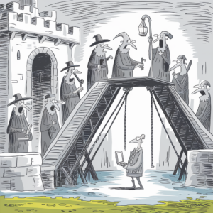 A black and white illustration depicting a medieval castle scene. Several figures in long robes and hats, possibly monks or guards, stand on top of a raised drawbridge, holding various items such as keys and lanterns. Below them, a person stands on the ground holding a laptop and looking up at the drawbridge. The moat around the castle is visible, and the foreground has some grass or moss. The scene combines historical and modern elements in a humorous way.