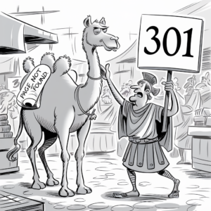 A cartoon image depicting a scene in an ancient market. At the center, a camel stands with a sign on its back that reads "PAGE NOT FOUND." Next to the camel, a man dressed in Roman-style attire holds a sign that displays "301." The background includes market stalls and other people. The overall scene humorously combines elements of ancient civilization with modern internet error messages.