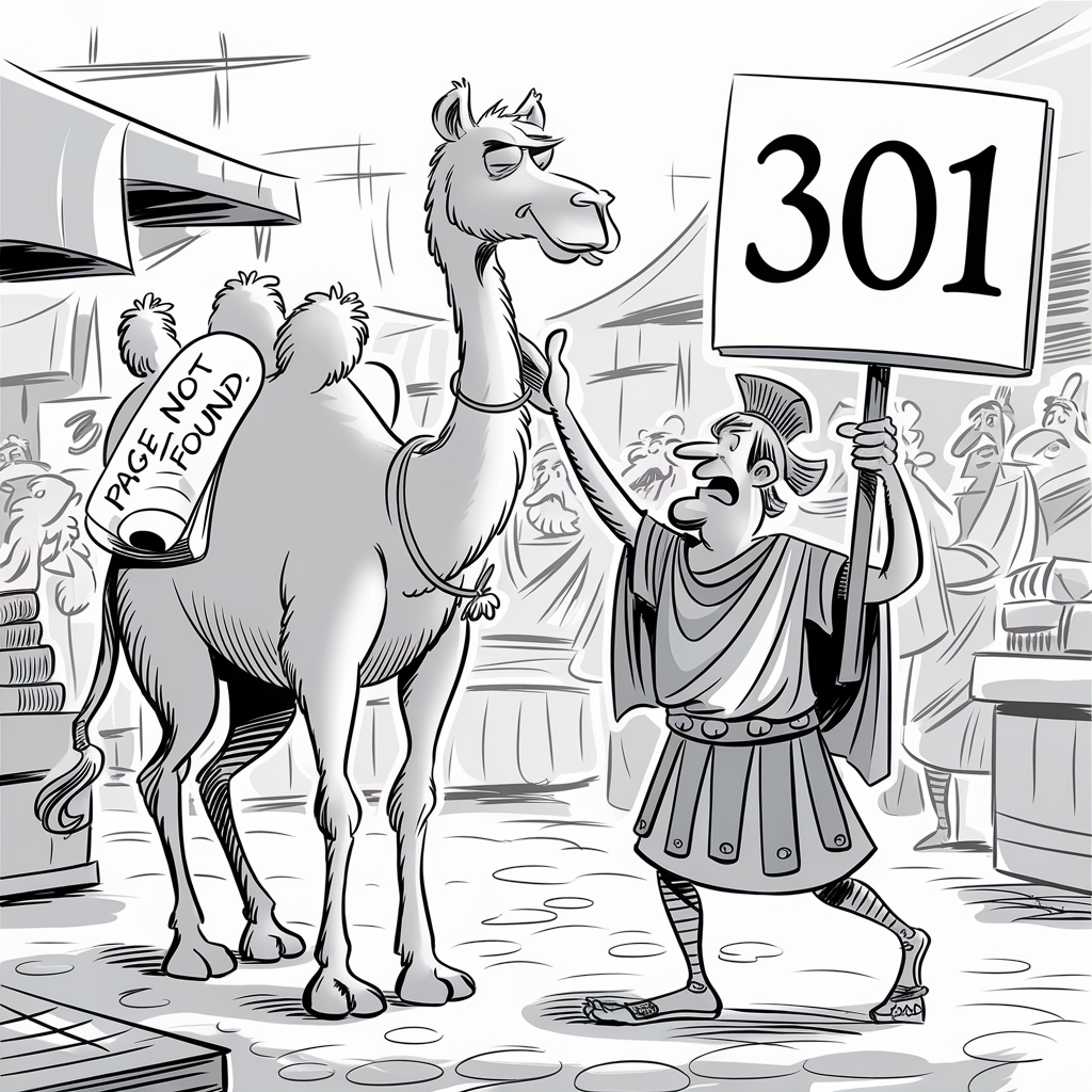 A cartoon image depicting a scene in an ancient market. At the center, a camel stands with a sign on its back that reads "PAGE NOT FOUND." Next to the camel, a man dressed in Roman-style attire holds a sign that displays "301." The background includes market stalls and other people. The overall scene humorously combines elements of ancient civilization with modern internet error messages.