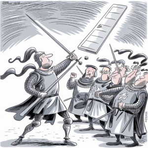 A group of medieval knights in armor stand together, looking up towards the sky with puzzled expressions. One knight prominently points his sword upwards towards a modern television remote control that is floating above them. The scene is drawn in a cartoonish style with exaggerated facial features and expressions, highlighting the anachronistic and humorous contrast between the medieval setting and modern technology.