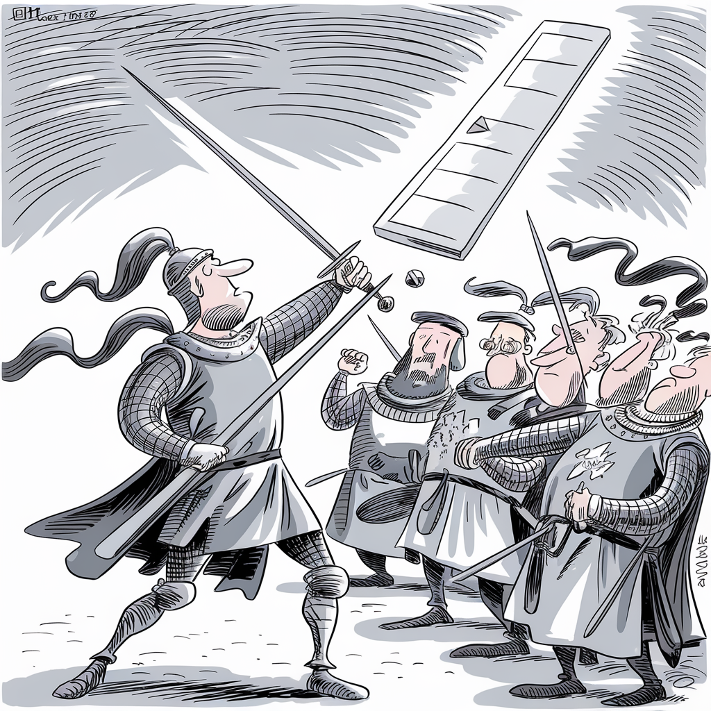A group of medieval knights in armor stand together, looking up towards the sky with puzzled expressions. One knight prominently points his sword upwards towards a modern television remote control that is floating above them. The scene is drawn in a cartoonish style with exaggerated facial features and expressions, highlighting the anachronistic and humorous contrast between the medieval setting and modern technology.