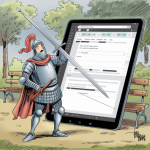A cartoon depicts a knight in full armor with a red plume on his helmet and a large sword. The knight is standing in front of a giant tablet screen that is situated in a park setting with trees and park benches in the background. The tablet screen displays an interface resembling a spreadsheet or data entry form. The knight appears to be interacting with the tablet, utilizing the sword to point or gesture toward the data on the screen. The scene humorously combines elements of medieval times with modern technology.
