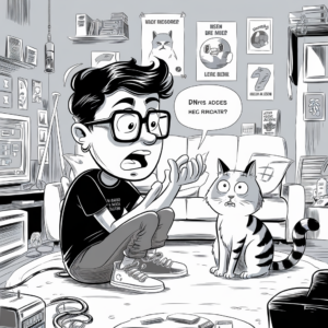 A cartoon-style drawing in black and white. A person with short dark hair, large glasses, and an expression of shock is sitting cross-legged on the floor, gesturing with their hands. They are wearing a T-shirt, jeans, and sneakers. In front of them, a striped cat with wide eyes is sitting, also looking surprised. The person has a speech bubble with indecipherable text: "DNv's adces hec prcitr?" The room has various posters of cats on the walls, a couch in the background, and miscellaneous objects like a computer, wires, and books scattered around. The scene appears chaotic and humorous.