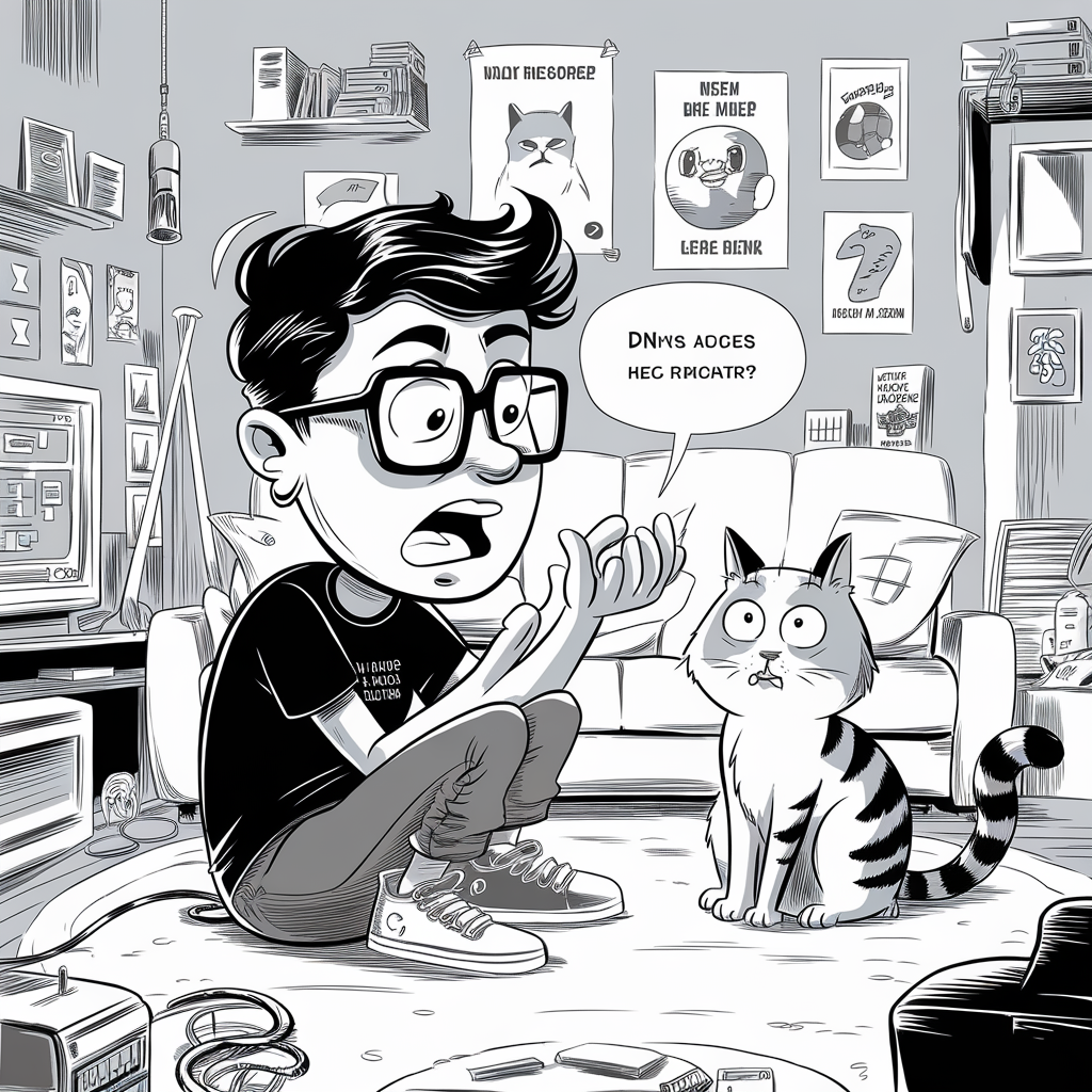 A cartoon-style drawing in black and white. A person with short dark hair, large glasses, and an expression of shock is sitting cross-legged on the floor, gesturing with their hands. They are wearing a T-shirt, jeans, and sneakers. In front of them, a striped cat with wide eyes is sitting, also looking surprised. The person has a speech bubble with indecipherable text: "DNv's adces hec prcitr?" The room has various posters of cats on the walls, a couch in the background, and miscellaneous objects like a computer, wires, and books scattered around. The scene appears chaotic and humorous.