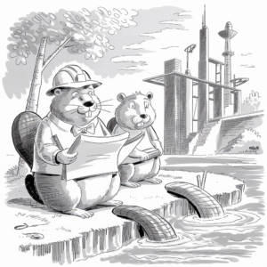 A black-and-white cartoon illustration features two beavers wearing construction helmets and holding blueprints while standing near a body of water. One beaver is scrutinizing the blueprints intently, while the other looks on with a smile. In the background, a modern architectural structure with tall buildings and satellite dishes can be seen. The scene is set outdoors with a tree and some grass near the edge of the water, where two sections of a dam are visible.
