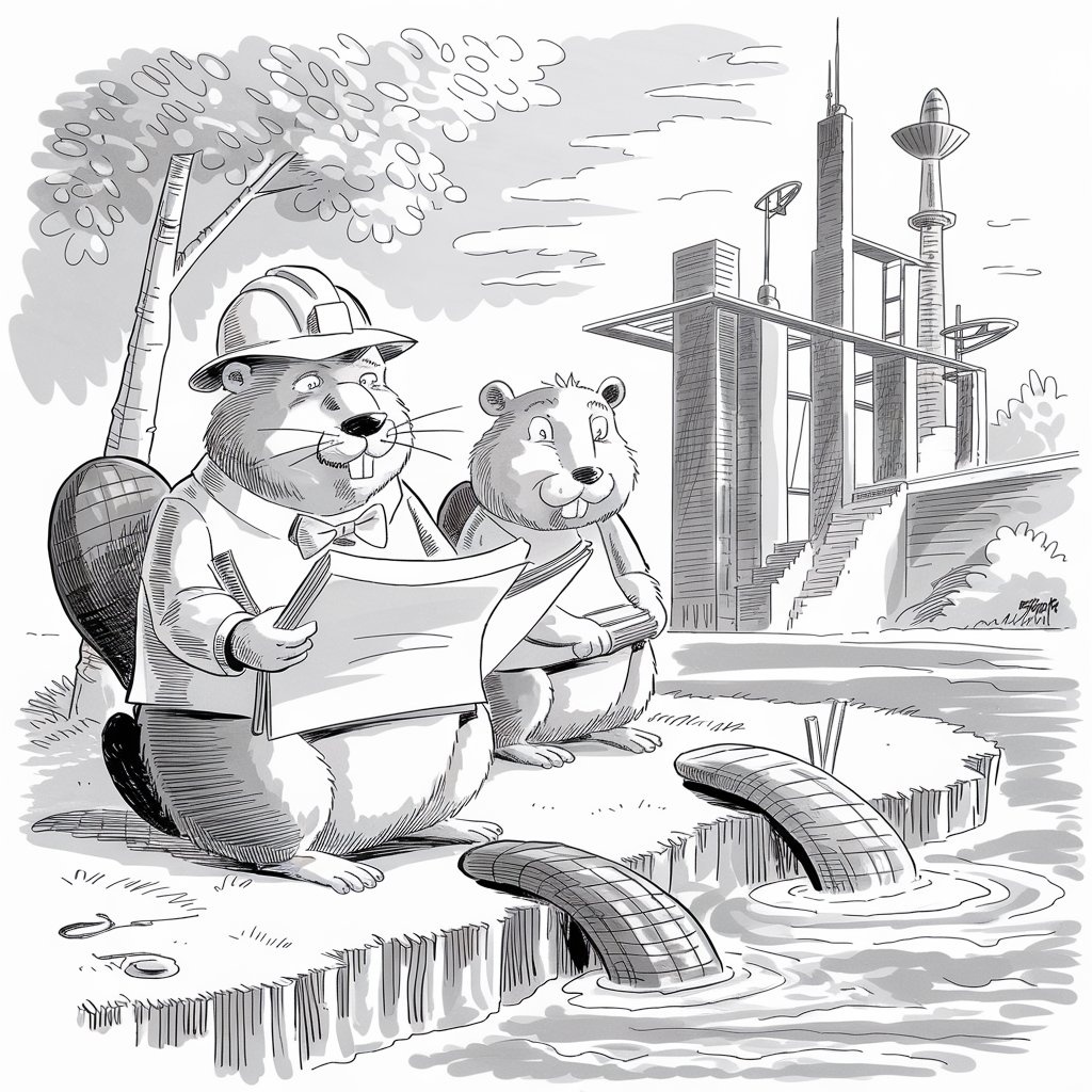 A black-and-white cartoon illustration features two beavers wearing construction helmets and holding blueprints while standing near a body of water. One beaver is scrutinizing the blueprints intently, while the other looks on with a smile. In the background, a modern architectural structure with tall buildings and satellite dishes can be seen. The scene is set outdoors with a tree and some grass near the edge of the water, where two sections of a dam are visible.