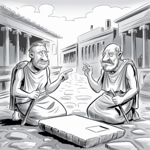 A black-and-white cartoon illustration of two ancient Greek philosophers, each holding a stylus, sitting on a cobblestone street. They are engaged in a discussion, gesturing towards a large stone tablet on the ground between them. Ancient buildings with columns line the street in the background. The scene evokes a classical antiquity setting.