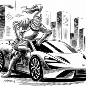 A black and white illustration depicts a knight in full armor, complete with a helmet and plume, leaning nonchalantly against a sleek, modern sports car in an urban setting. The knight's posture suggests confidence and a blend of historical and contemporary elements. Tall skyscrapers in the background add to the modern city atmosphere.