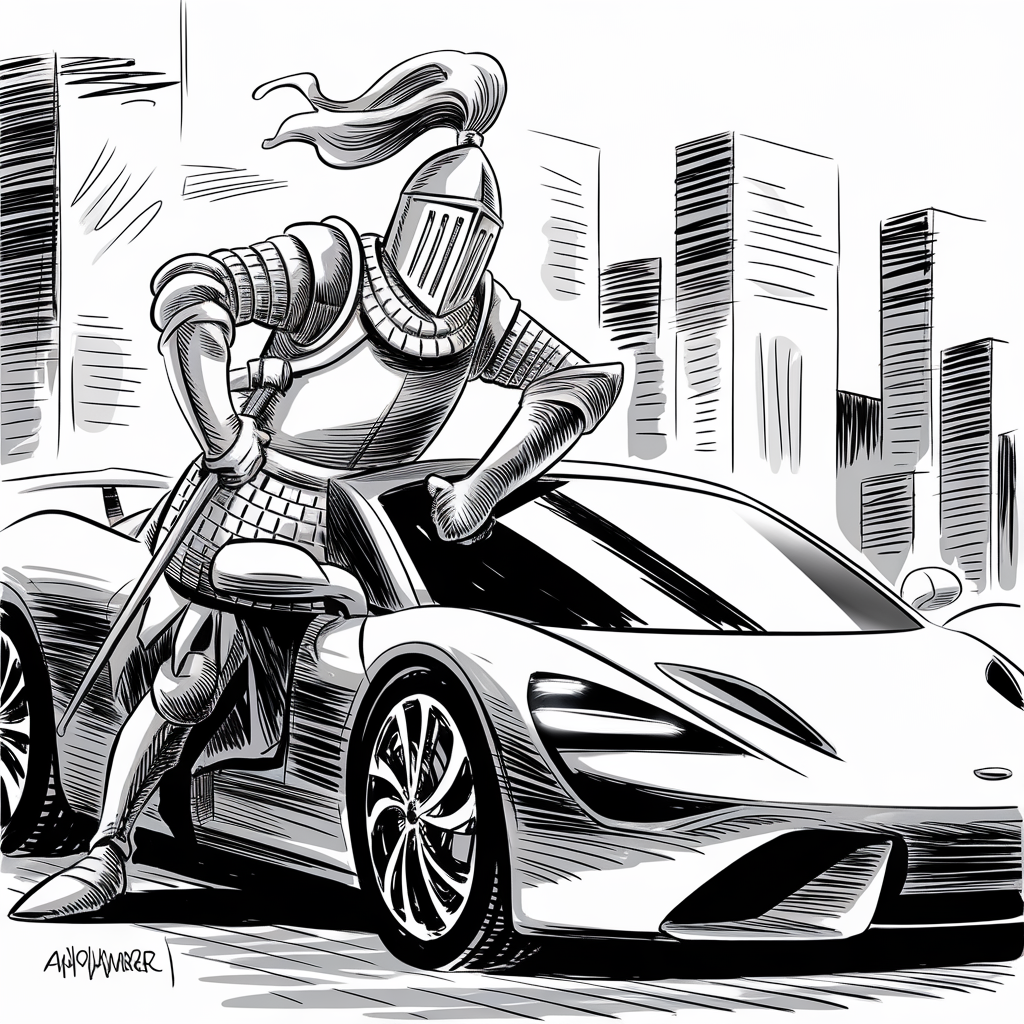 A black and white illustration depicts a knight in full armor, complete with a helmet and plume, leaning nonchalantly against a sleek, modern sports car in an urban setting. The knight's posture suggests confidence and a blend of historical and contemporary elements. Tall skyscrapers in the background add to the modern city atmosphere.