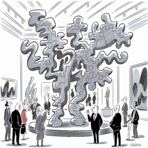 A black-and-white illustration depicting a gallery setting with an abstract, towering sculpture in the center. The sculpture consists of interlocking, organic shapes that create a complex, puzzle-like structure. Eight people are standing around the sculpture, observing and discussing it. The gallery walls display other abstract artworks, and the room has a modern design with overhead lighting. The attire of the people suggests a formal event or an art exhibition opening.
