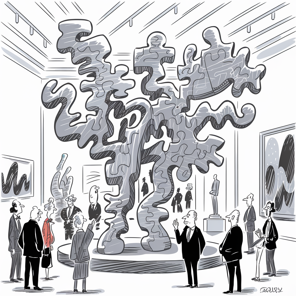 A black-and-white illustration depicting a gallery setting with an abstract, towering sculpture in the center. The sculpture consists of interlocking, organic shapes that create a complex, puzzle-like structure. Eight people are standing around the sculpture, observing and discussing it. The gallery walls display other abstract artworks, and the room has a modern design with overhead lighting. The attire of the people suggests a formal event or an art exhibition opening.